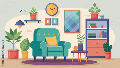 Vector art of cozy living room interior with armchair, plants, and decor, creating a warm and inviting atmosphere in a modern home setting for relaxation