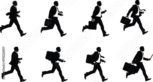 Silhouettes of businessman running, carrying briefcase and documents, urgent business, corporate rush, professional movement, office worker, business urgency, success chase