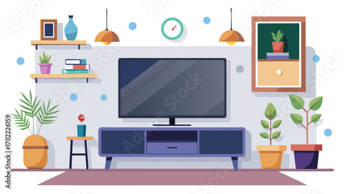 Vector art of modern living room interior with tv, plants, and decor, creating a stylish and comfortable entertainment space in a contemporary home setting