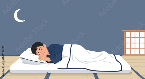 A Calm Man Dreamily Resting Asleep on a Bed Under the Moon At Night