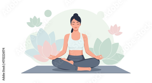 A calm woman meditating in lotus position with lotus flowers, yoga and wellness concept