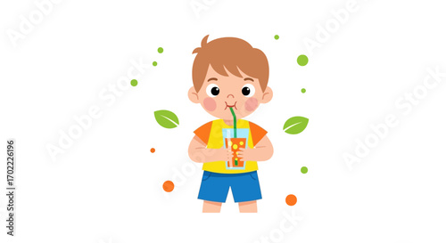 A cartoon illustration of a little boy enjoying a refreshing drink, lifestyle concept