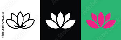 Three lotus flower icons in different styles and colors on white, black, and green backgrounds