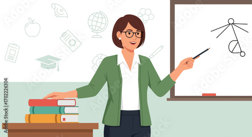 A cartoon of a teacher teaching in a classroom, a nice illustration for education