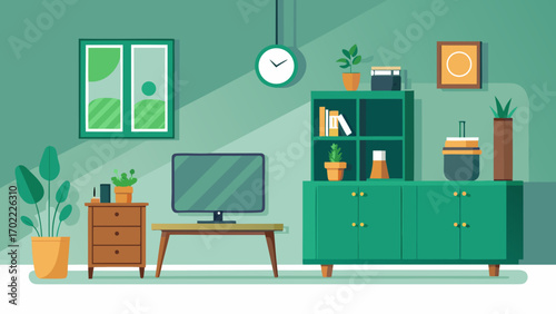 Vector art of modern green living room interior with television, plants, and stylish furniture creating a relaxing and inviting space for entertainment and leisure