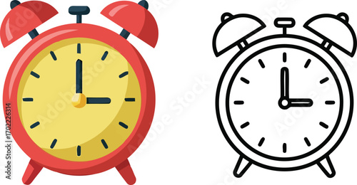 Retro alarm clock colorful and outline icons for time management concepts vector