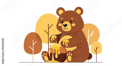 A Cheerful Bear Enjoying Sweet Honey From A Jar In A Whimsical Autumnal Setting