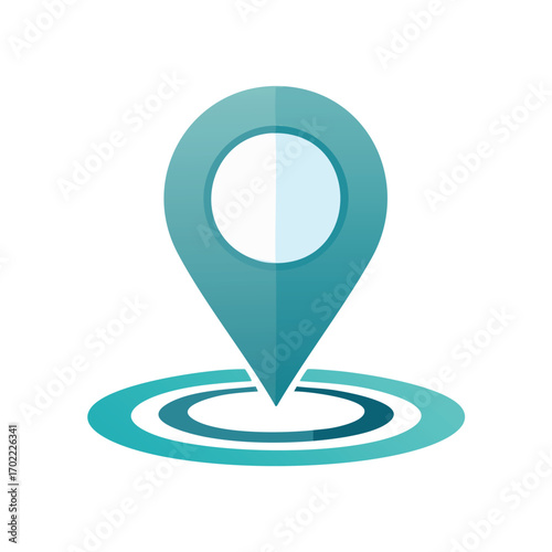 Teal location pin icon above concentric circles, indicating a specific point on a map or area.