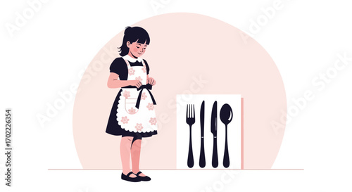 A Young Girl Wearing an Apron and Kitchen Utensils Illustration in Pink