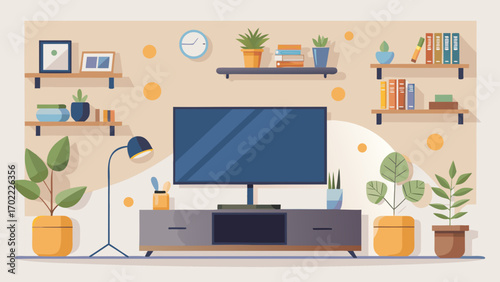 Vector art of inviting living room interior with a television, plants, and stylish furniture, creating a cozy and comfortable space for relaxation and entertainment