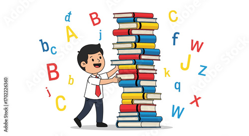 A Cheerful Boy Stacking Books with Alphabet Letters Promoting Literacy and Education