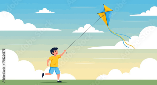 A Cheerful Boy Running And Flying A Colorful Kite In A Clear Sky During The Day
