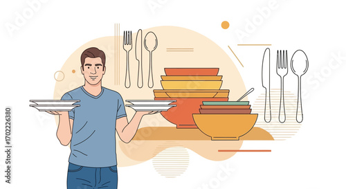 A Young Man Holding Plates Near Dinnerware in a Restaurant Setting