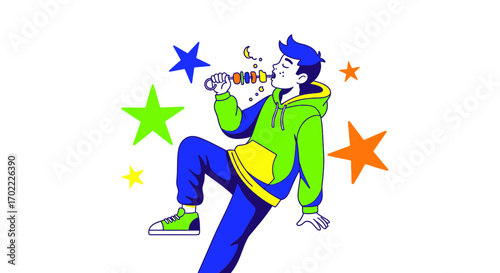 A young man enjoying a snack with a joyful and energetic expression in the image
