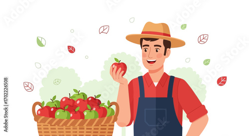 A Cheerful Farmer Holding An Apple Next To A Basket Of Fresh, Ripe Apples
