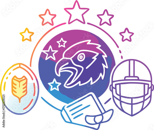 Football ball digital style, helmet overlay, eagle silhouette, neon stars.