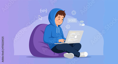 A young programmer coding on his laptop while sitting on a bean bag