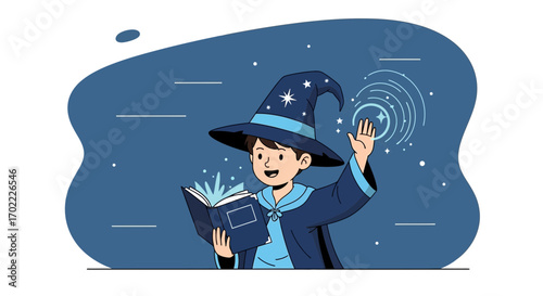 A young wizard boy casting a spell with a magic book and hat ready for fantasy