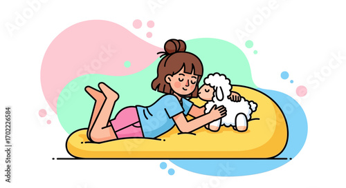 A Young Woman Comforts And Cuddles A Lamb While Relaxing On A Beanbag