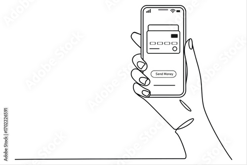 Hand holding smartphone displaying online banking app for mobile payment transfer with credit card seamless outline vector illustration concept