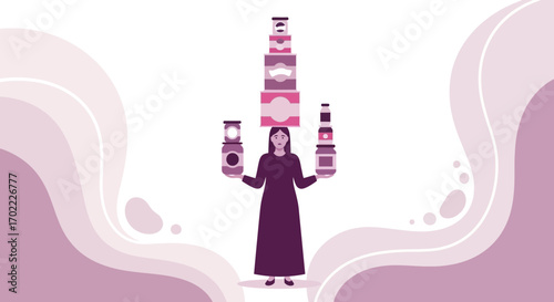 Abstract Illustration of a Person Balancing Stacked Packages and Jars Skillfully
