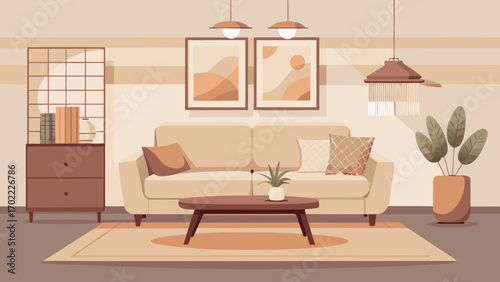 Vector art of cozy living room interior with comfortable sofa, potted plant, and minimalist decor, creating a warm and inviting atmosphere for relaxation