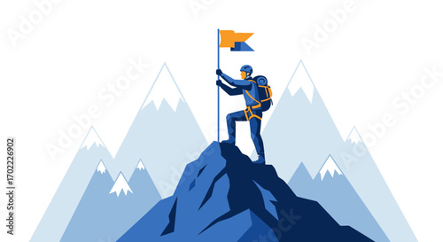 Achieving Goals: A Climber Planting A Flag Atop The Snowy Mountain Peak