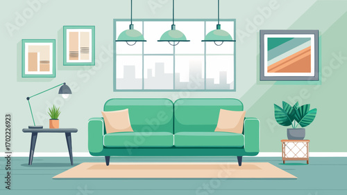 Vector art of cozy living room interior with green sofa, plants, and pictures on the wall, creating a relaxing and inviting atmosphere for modern home decor
