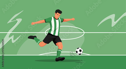 Action Athlete Kicking Soccer Ball Illustration On Green Stadium Background