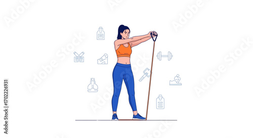 Active Female Demonstrating Resistance Band Exercise in Contemporary Clean Style