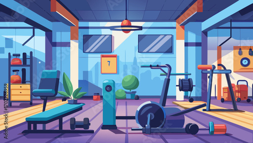 Vector art of modern gym interior with exercise machines, weights, and training equipment, creating a dynamic and functional space for physical activity and wellness