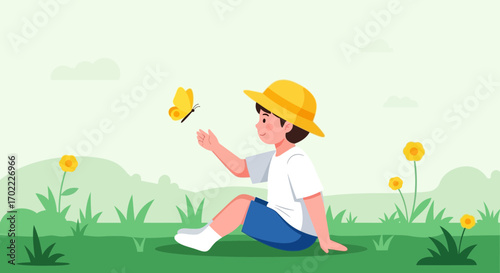 A child interacting with a butterfly in the grass with flowers in the sunshine