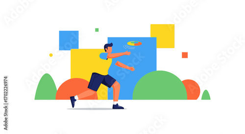 Active Individual Playing Frisbee In A Stylized, Vector Illustration With Geometric Shapes