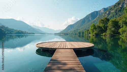 A perfectly round dock extends into a calm lake, surrounded by lush greenery and reflecting the tranquil sky Ideal for nature, serenity, peace, summer, and travel themes , dock, quiet, summer