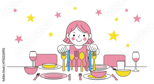 A child setting the table, ready to eat in a cute and colorful illustration