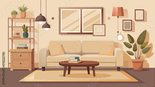 Vector art of cozy living room interior with sofa, plants, and decor, creating a warm and inviting atmosphere for relaxation and comfort in a stylish home setting