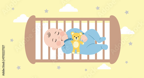 Adorable Baby Boy Dreaming Peacefully In His Wooden Crib Surrounded By Clouds and Stars