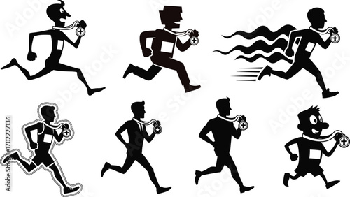 Silhouettes of men running with medals, competition, victory, athletic achievement, fitness motivation, race winners, sports success, dynamic movement, award celebration