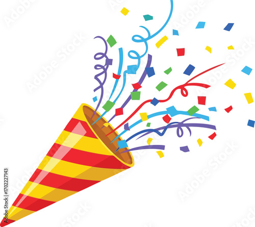 Party popper explodes colorful confetti streamers celebration joy vector