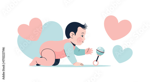 Adorable baby crawling towards a rattle surrounded by hearts in a beautiful illustration