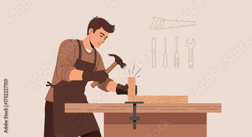 A craftsman working on a wooden piece with a hammer and other carpentry tools