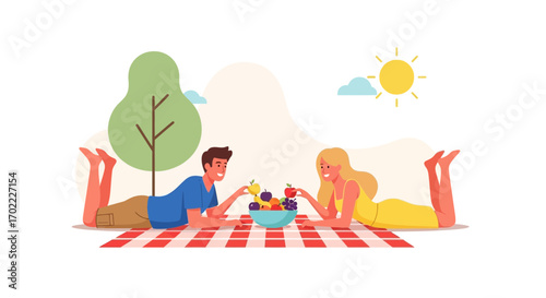 A Couple Enjoys A Sunny Picnic, Relaxing With Fresh Fruit and Cheerful Companionship