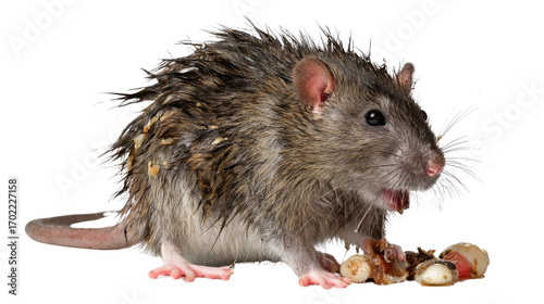 A close-up of a wild rat with textured fur, sitting with food items