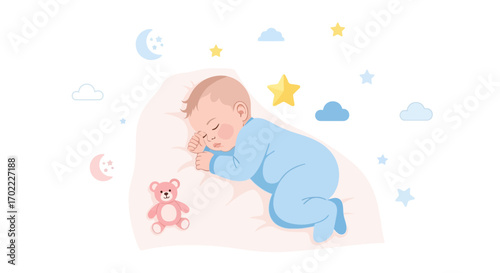 Adorable Baby Resting Peacefully Under Soft Night Sky With Cute Teddy Bear Nearby