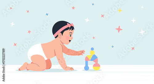Adorable Baby Girl Reaching For Colorful Toy Blocks On A Pastel Background