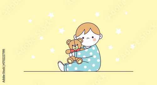 Adorable baby in blue pajamas and teddy bear, stars background, cute illustration