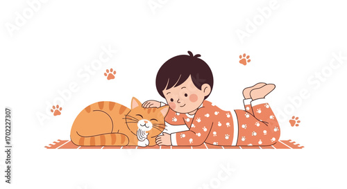 A Cute Boy and His Orange Cat Lounging Together Showing Affectionate Peaceful Moment
