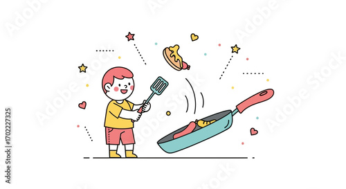 Adorable cartoon illustration of a kid cooking and having fun with food in a pan