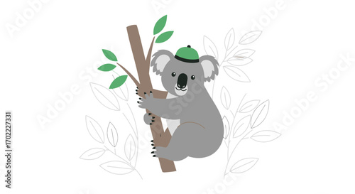 Adorable Cartoon Koala Clinging to a Tree Branch Wearing a Green Hat