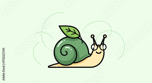 Adorable cartoon snail wearing glasses with a leaf on its shell on a green background